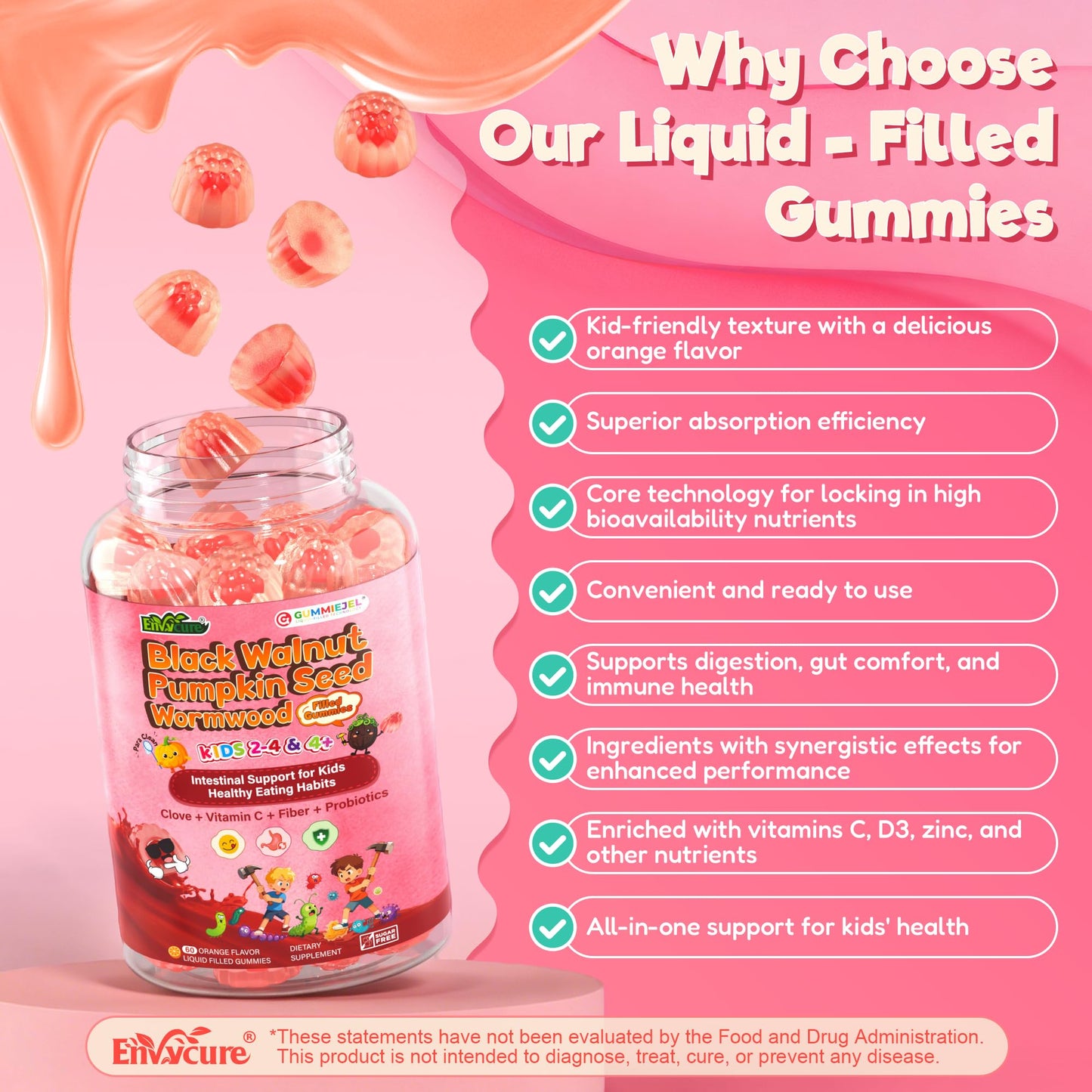 Toddler 2-4 & Kids 4+ Para Clean Gut Health Gummies w/Black Walnut, Wormwood, Clove, Pumpkin Seeds, Vitamin C, D3, Zinc, Digestive Supplement for Natural Gut Cleanse, Kids Immune Support (60cts) EnvyCureBuy Supplements Australia