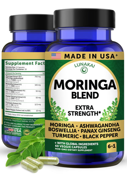 Lunakai USA Made Pure Moringa Capsules – Advanced Moringa Leaf Extract Supplement with Ashwagandha, Boswellia