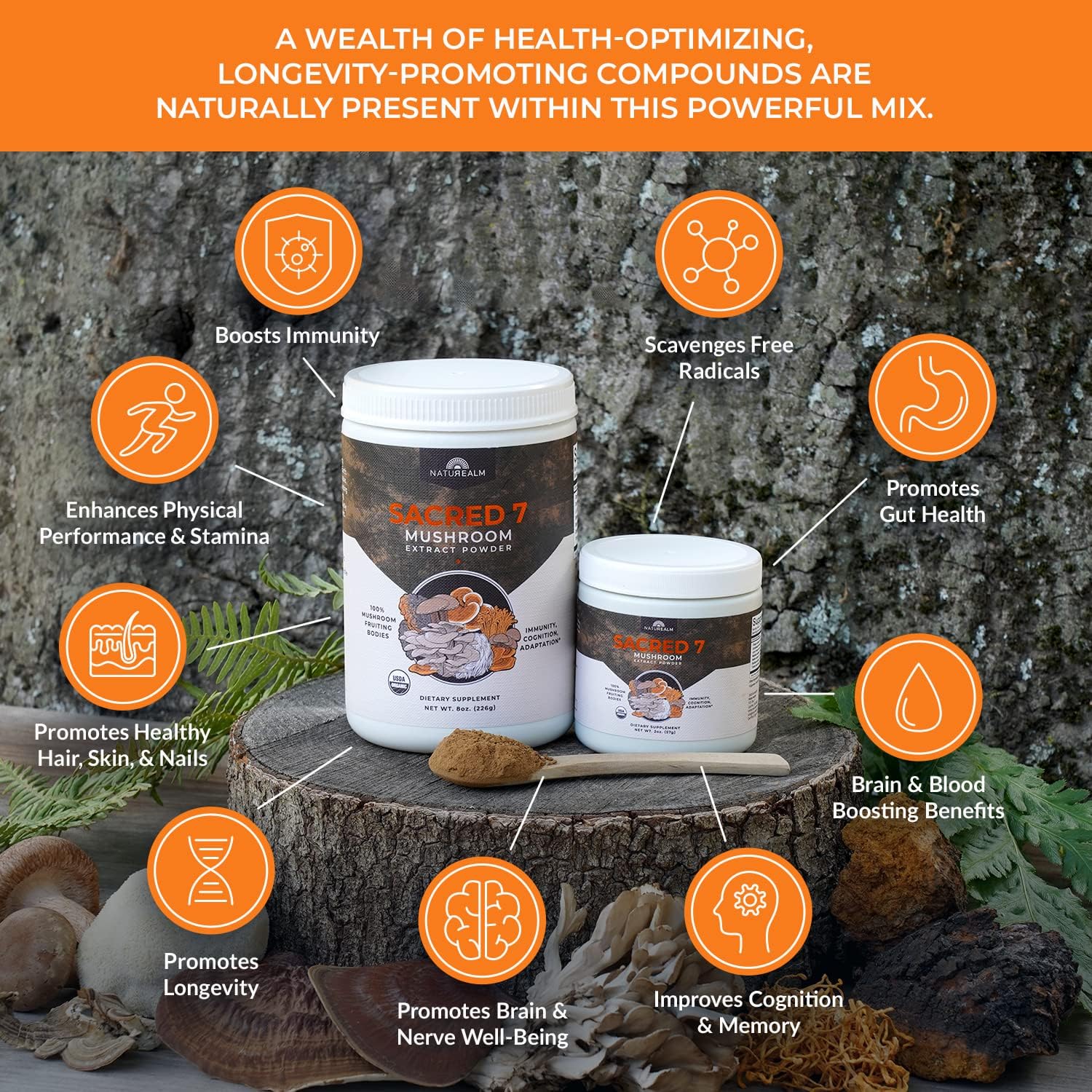 Naturealm Sacred 7 Mushroom Extract Powder - USDA Organic - Lion's Mane, Reishi NaturealmBuy Supplements Australia