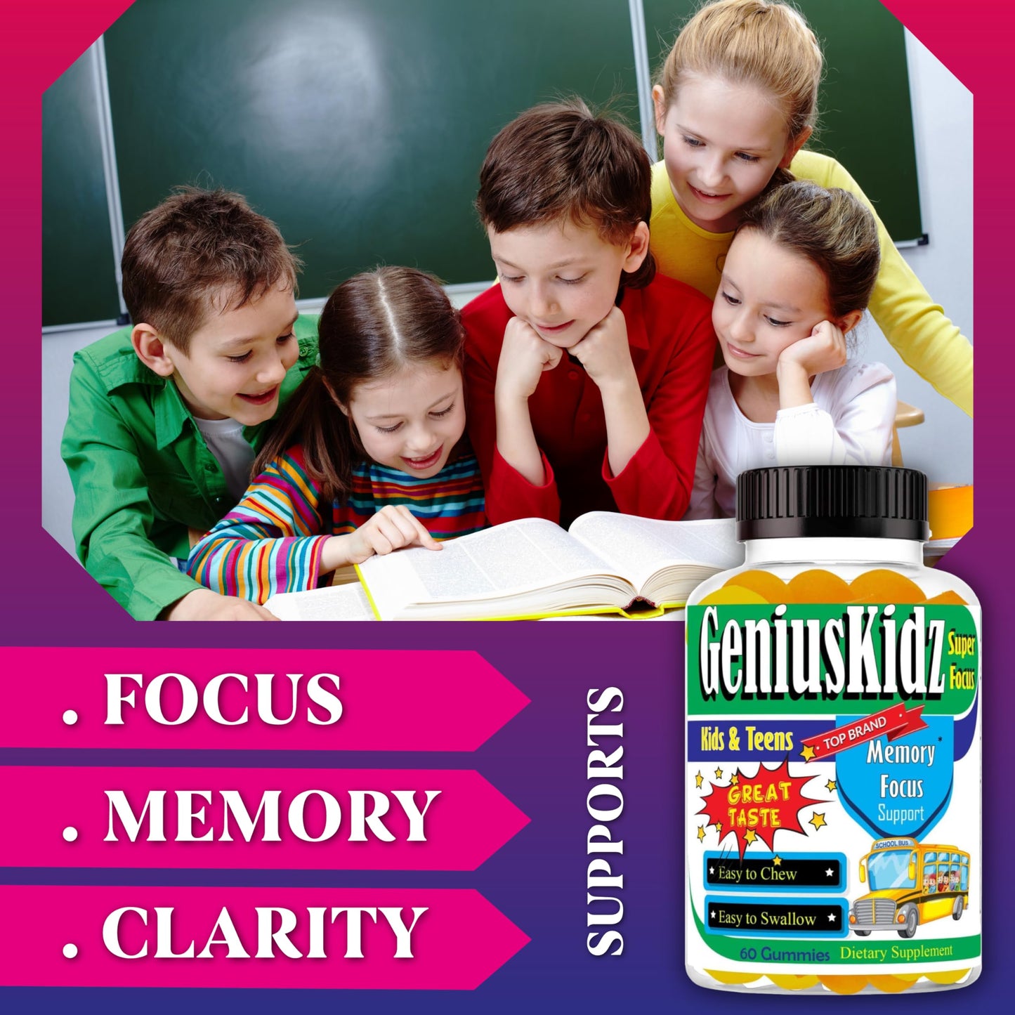 Celebrity Lifestyle Product Brain Support Focus Supplement for Kid and Teens Omega 3 Gummy Vitamin Memory and Attention, Brain Booster, Kid Focus Attention Supplement(1 Bottle) DHA 60ct Celebrity LifeStyle ProductBuy Supplements Australia