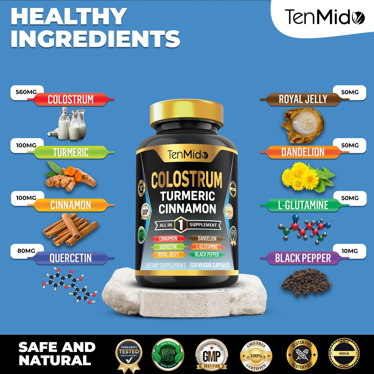 Tenmido Colostrum Supplement - 8in1 Formula - Combine with Turmeric, Ceylon Cinnamon, Quercetin, Royal Jelly, Dandelion, L- Glutamine, and Black Pepper - Digestive Health Support - 120 Capsules TenmidoBuy Supplements Australia