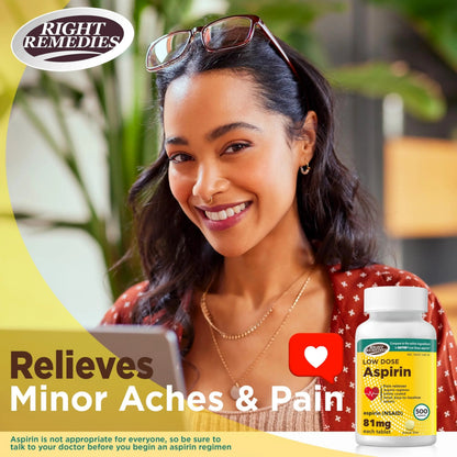 RIGHT REMEDIES Low Dose Aspirin 81mg, Enteric Coated Tablets, NSAID Pain Reliever & Fever Reducer for Adults, Compare to the Active Ingredient in Bayer® Low Dose Aspirin (500ct) RIGHT REMEDIESBuy Supplements Australia