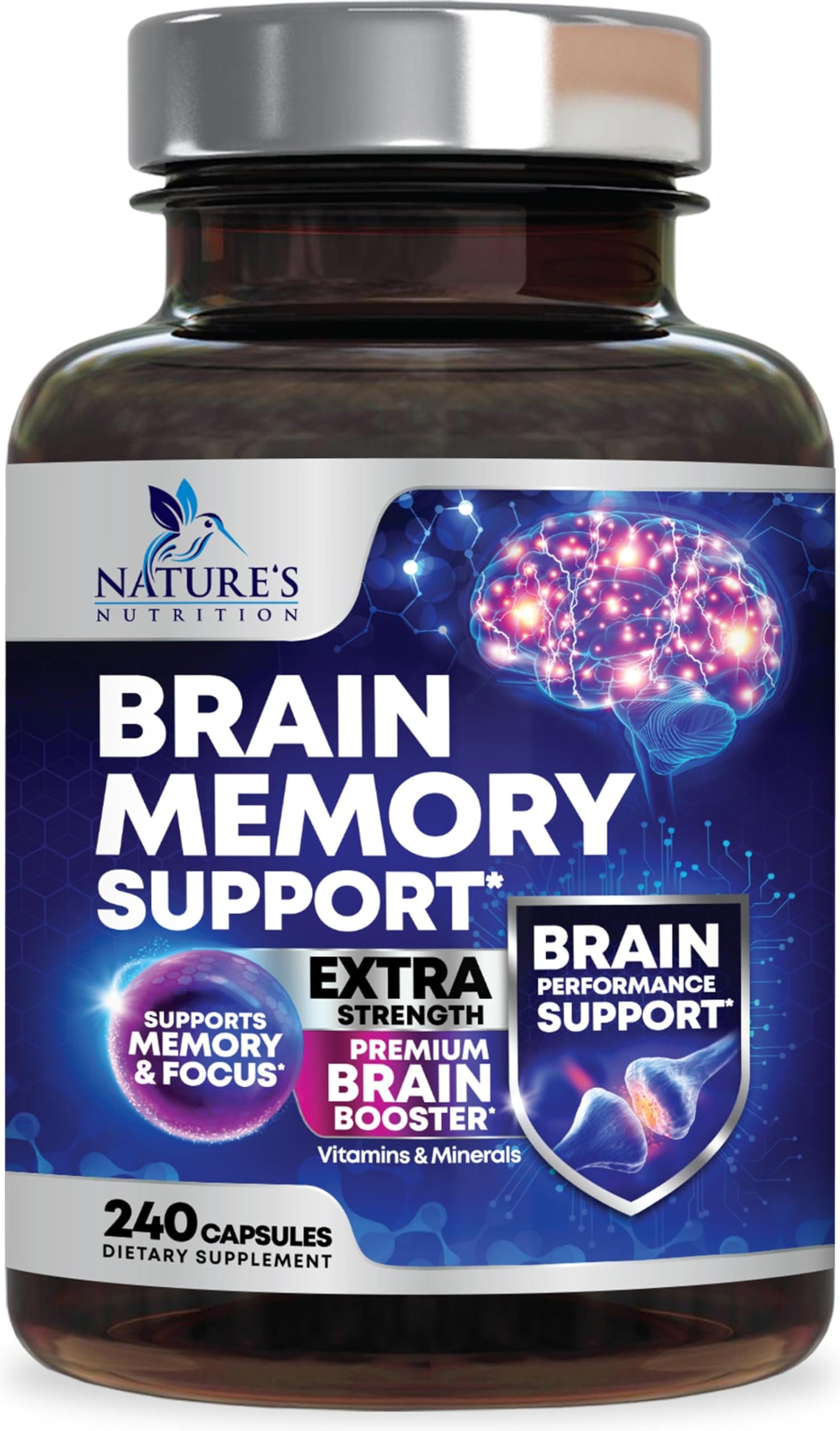 Brain Memory Supplement Pills - 3X Strength Nootropics for Concentration, Clarity & Focus Support - Brain Health Cognitive Vitamins with Bacopa, Phosphatidylserine & DMAE, Brain Booster - 240 Capsules Nature's NutritionBuy Supplements Australia
