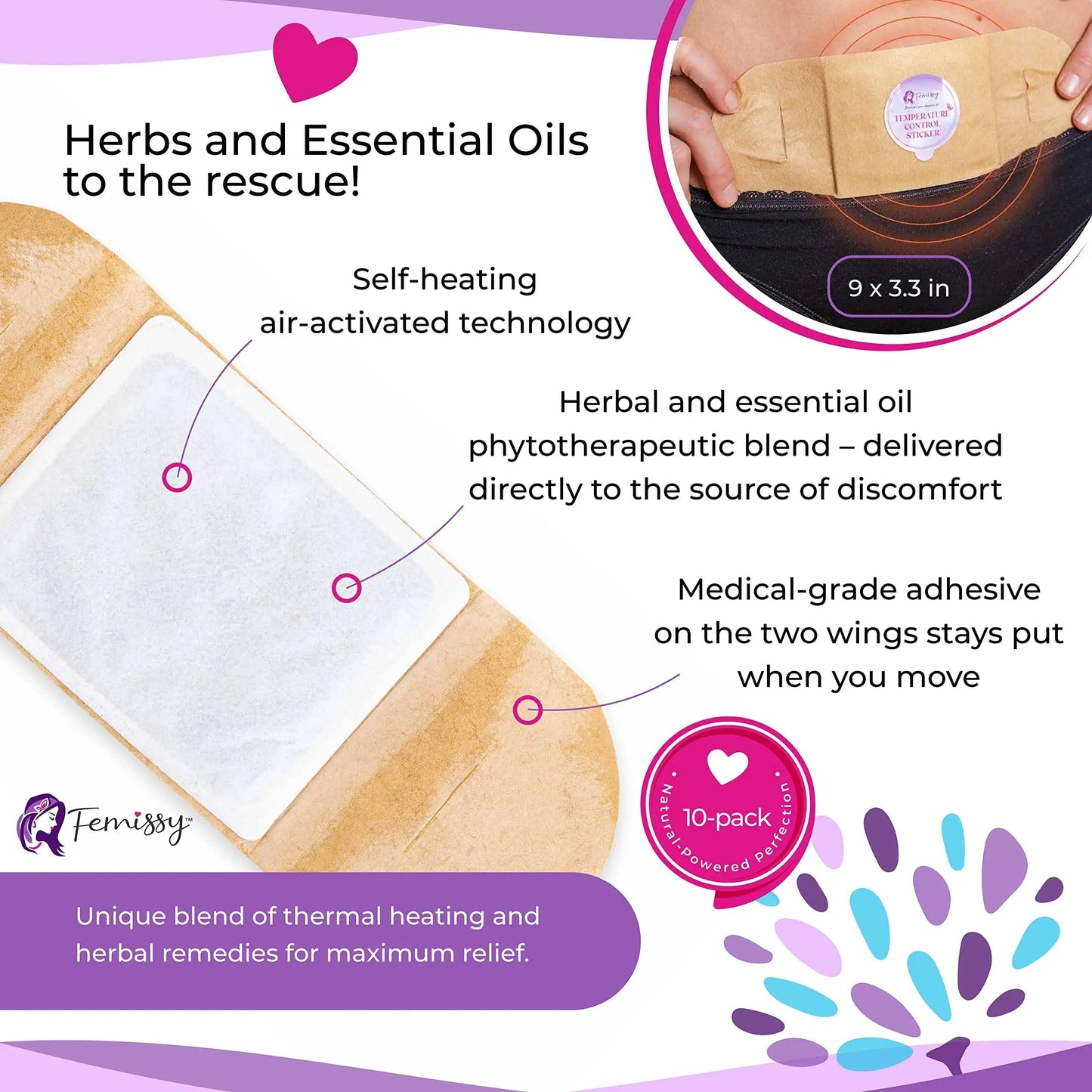 Heat Patches for Menstrual Cramps Based on Flow Strength, 10 Period Patches for Weak & Normal Flow & 1 Single Patch with Natural Herbs & Oils; Disposable Stick On Heating Pads Cramp-Free Period FemissyBuy Supplements Australia