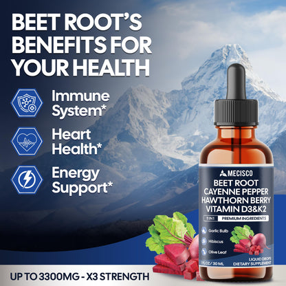 11in1 Beet Root Liquid Drops - Support Overall Wellness - with Vitamin D3, Vitamin K2, Hawthorn Berry, Cayenne Pepper, Garlic, Hibiscus, Olive, Red Spinach, Green Tea - 1 FL Oz - 60 Day Supply MeciscoBuy Supplements Australia