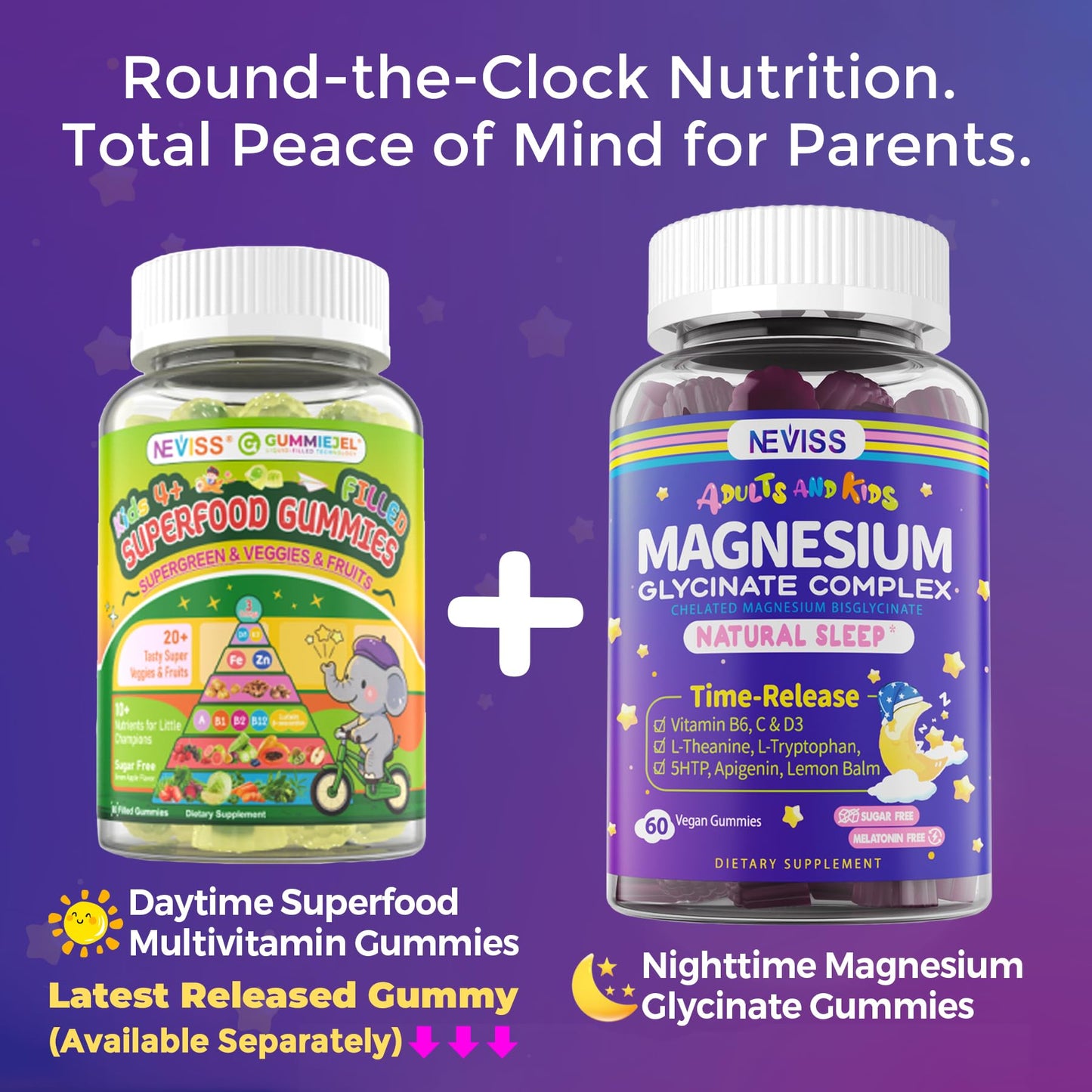 Magnesium Glycinate Gummies for Adults & Kids 4+, Sugar Free Magnesium Bisglycinate Supplement 400/200mg with B6D3, 5HTP, L-Theanine for Sleep & Relaxation, Brain, Muscle, Melatonin Free Gummies,2Pack NEVISSBuy Supplements Australia