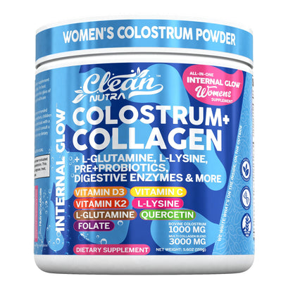 Bovine Colostrum Powder + Collagen Peptides with L-Glutamine L-Lysine Prebiotics Probiotics Digestive Enzymes Vitamin D K2 C Quercetin & Folate | Gut Health Supplement Internal Glow By Clean Nutra Clean NutraceuticalsBuy Supplements Australia