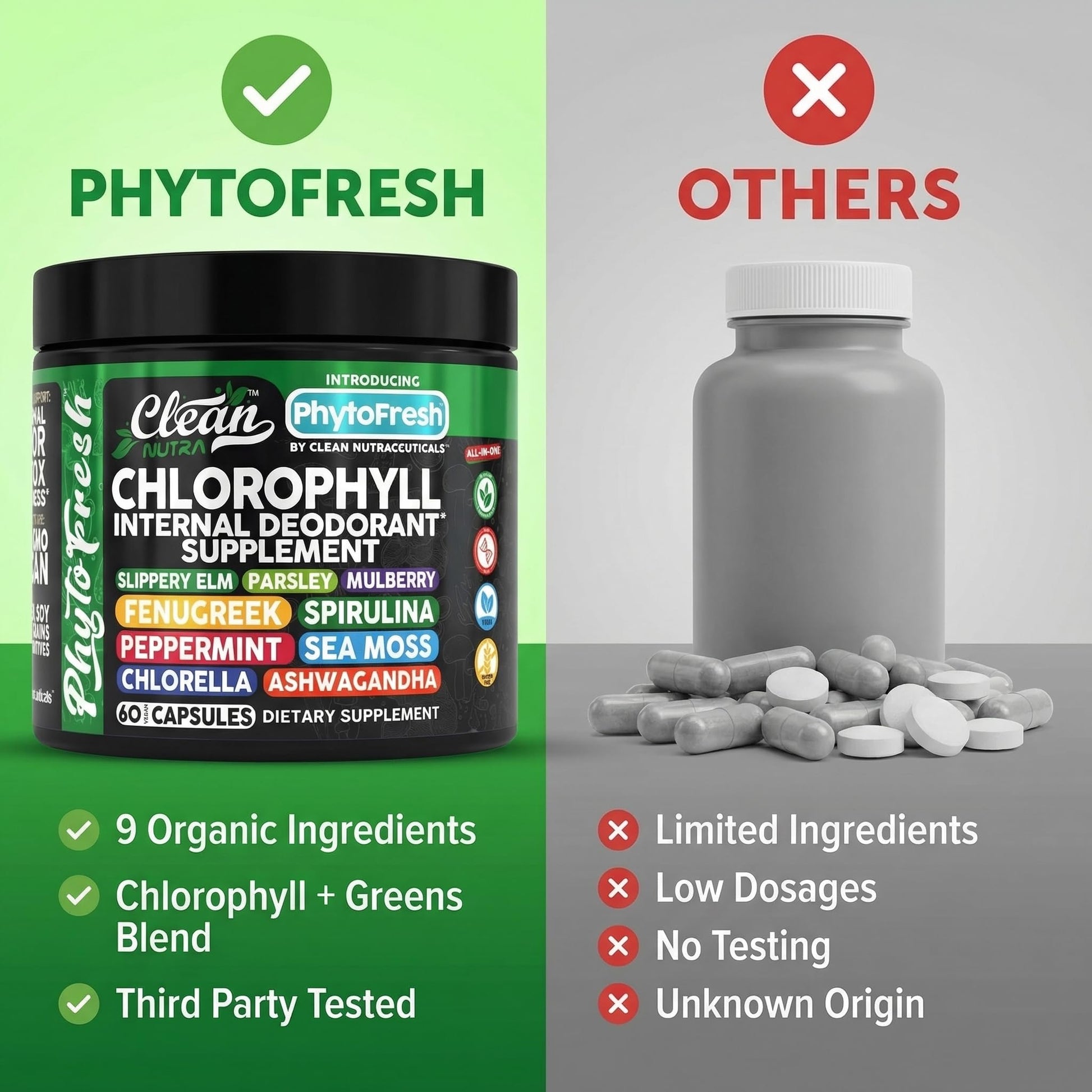 Clean Nutra Chlorophyll Capsules Supplement Internal Deodorant Peppermint, Sea Moss, Parsley, Chlorella, Spirulina, Slippery Elm, Ashwagandha, PhytoFresh Greens Detox Pills Clean NutraceuticalsBuy Supplements Australia