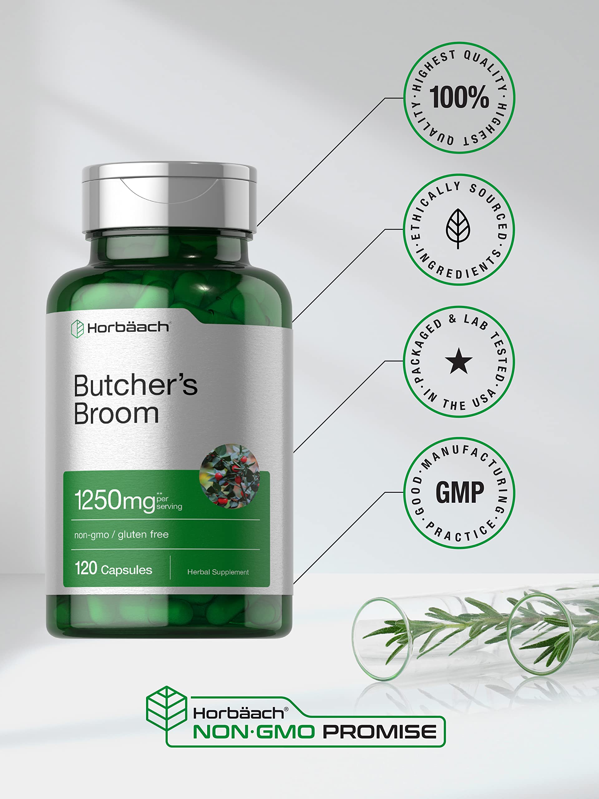 Butchers Broom Capsules 1250mg | 120 Count | Non-GMO, Gluten Free | Traditional Herb HorbäachBuy Supplements Australia