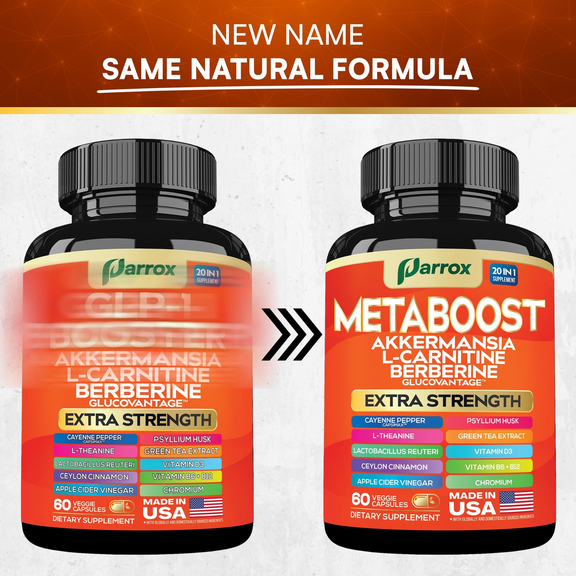 GLP-1 Booster Supplement, Akkermansia, L-Carnitine, Berberine (GlucoVantage), Methylfolate, Methylated B12, Chromium, Capsimax, Psyllium Husk, Probiotics Vitamins D3, B6, 20-in-1 Plant-Based (60 Caps) ParroxBuy Supplements Australia