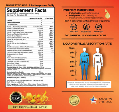 Mega Premium Liquid Multivitamin | Natural Immune Support Vitamin w/ 1333% Vitamin C, 200% D3, Zinc + 20 Vitamins, 70 Minerals, & 21 Amino Acids | Sugar Free | Orange Flavor | 98% Absorption | 32 Serv Tropical OasisBuy Supplements Australia