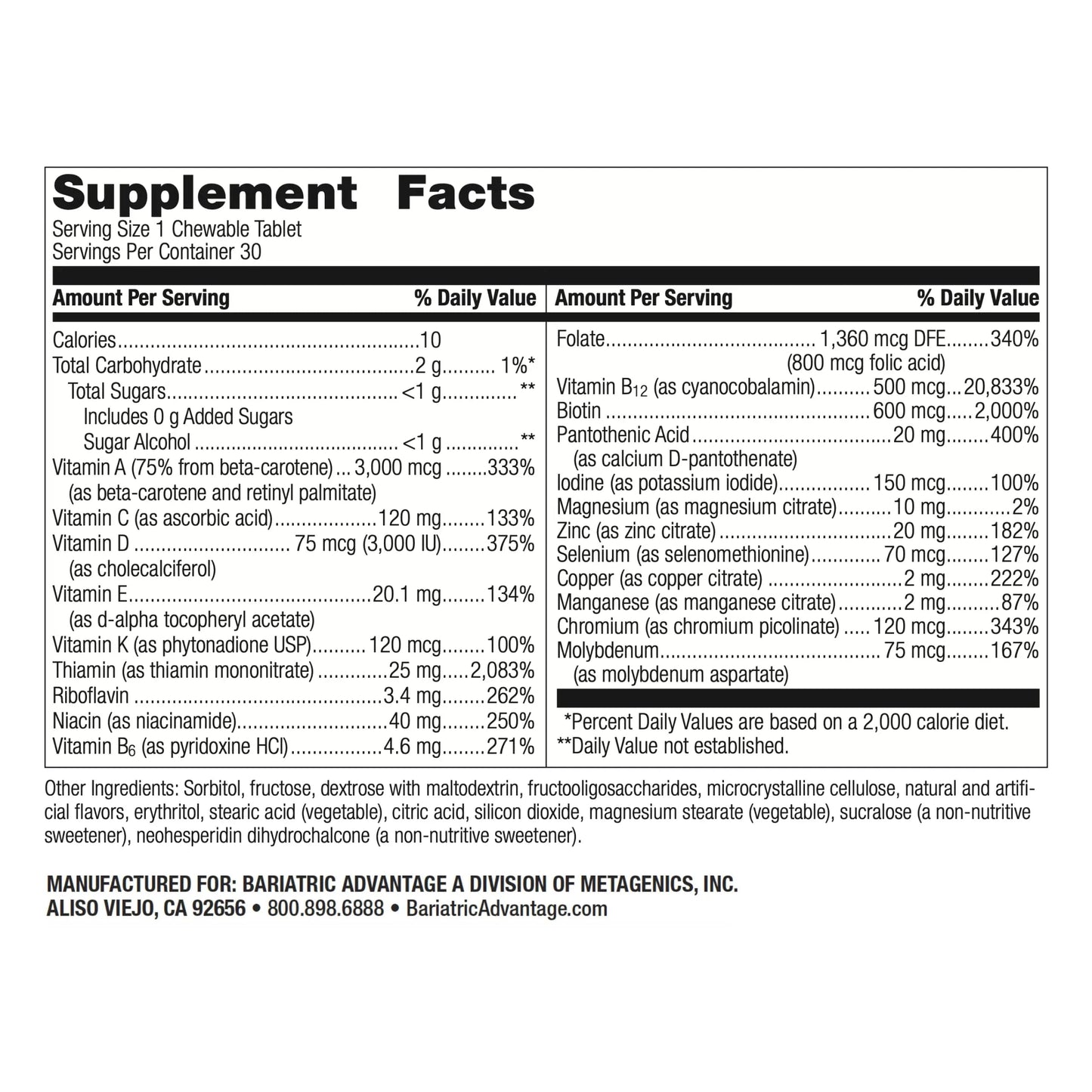 Bariatric Advantage Chewable Ultra Solo Without Iron - Once-Per-Day Daily Multivitamin - for Bariatric Surgery Patients Bariatric Advantage