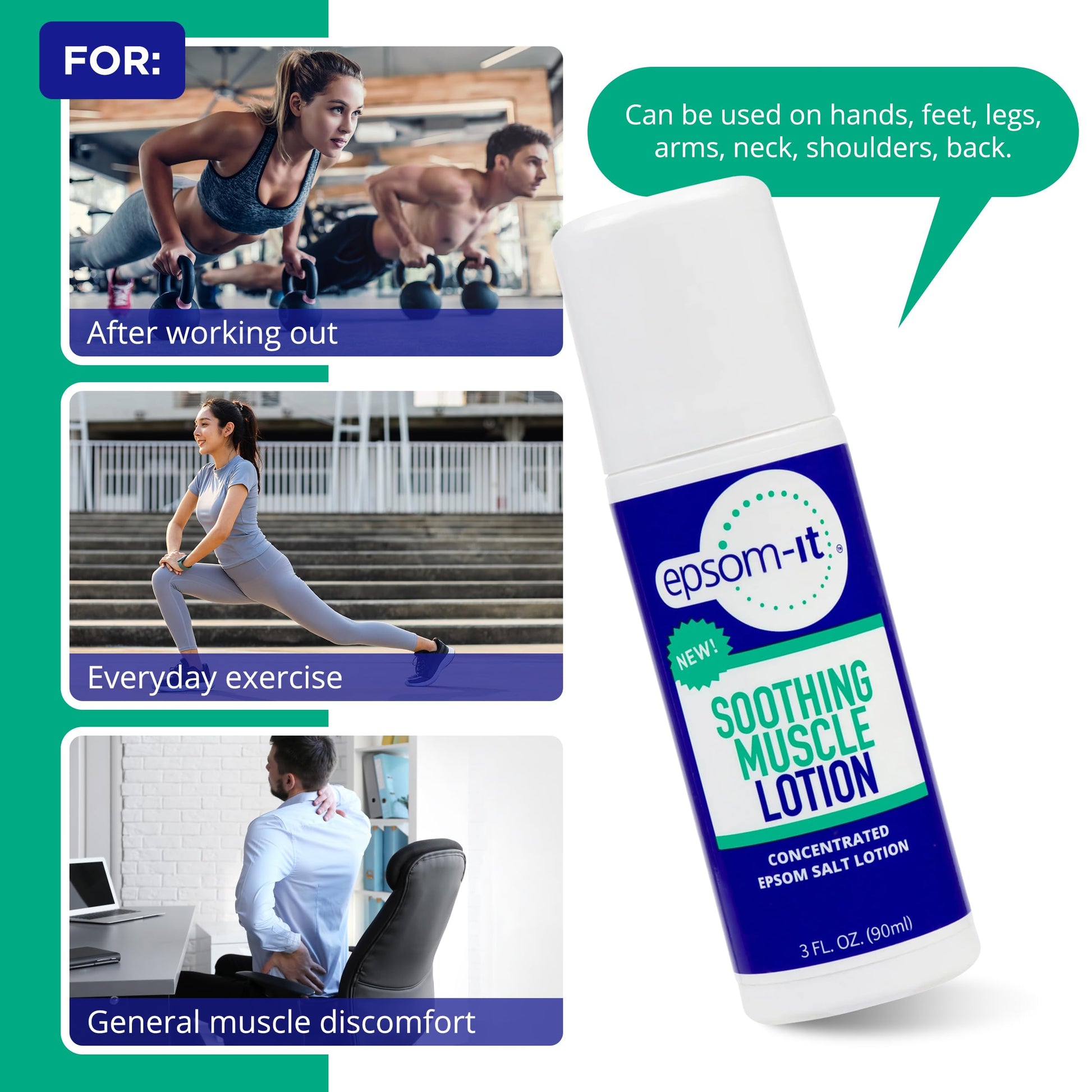 EPSOM-IT Soothing Muscle Lotion - Roll On Epsom Salt Lotion with Arnica for Muscle Stiffness, Leg, Knees and Feet Discomfort, Topical Magnesium Cream, 3oz, 2-Pack EPSOM-ITBuy Supplements Australia