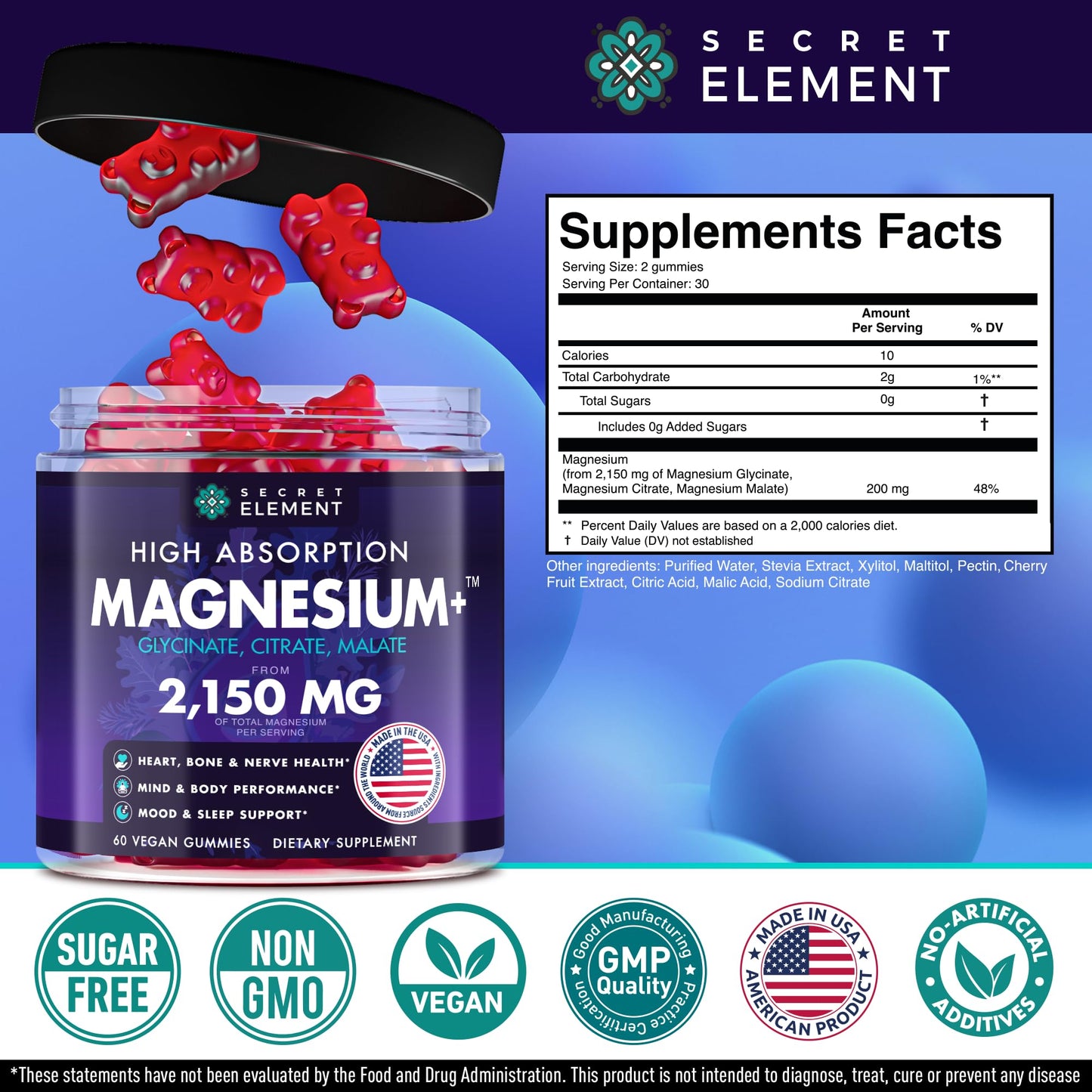 Magnesium Glycinate 2150 MG Gummies, High Absorption Magnesium Glycinate, Citrate & Malate, Sugar-Free, Vegan, Chews for Men & Women, 60 Gummies, Cherry Flavor– 60 Wild Cherry Flavor Chews Secret ElementBuy Supplements Australia