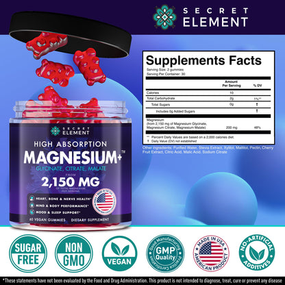 Magnesium Glycinate 2150 MG Gummies, High Absorption Magnesium Glycinate, Citrate & Malate, Sugar-Free, Vegan, Chews for Men & Women, 60 Gummies, Cherry Flavor– 60 Wild Cherry Flavor Chews Secret ElementBuy Supplements Australia