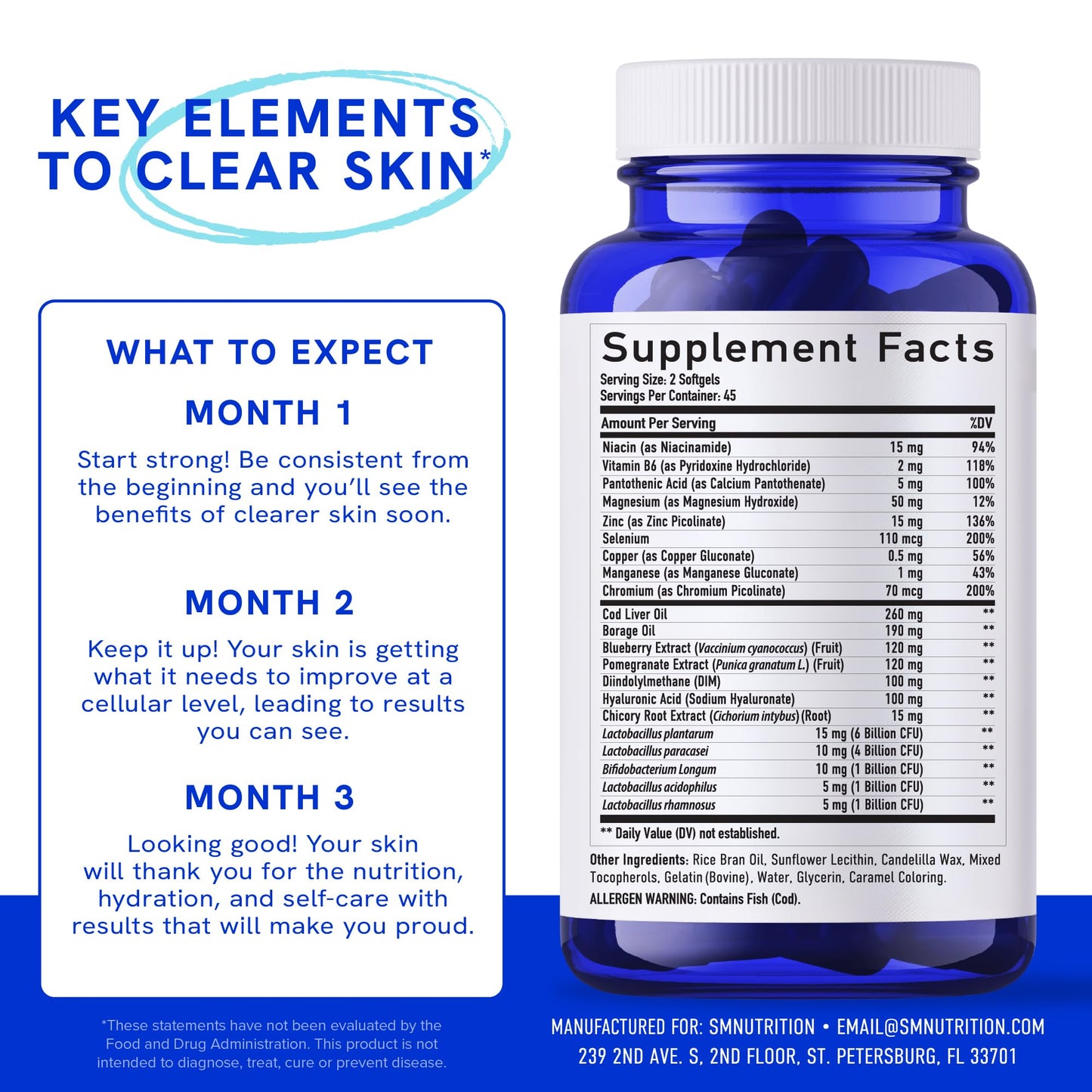 Clear Skin Supplement with Zinc, DIM & Probiotics | 3-in-1 Balance, Glow & Health Skin Support | Triple Action Hyaluronic Acid, Niaciminide & Vitamins for Hormone, Complexion & Gut Support | 180 Ct SMNutritionBuy Supplements Australia
