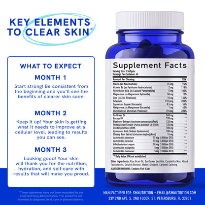 Clear Skin Supplement with Zinc, DIM & Probiotics | 3-in-1 Balance, Glow & Health Skin Support | Triple Action Hyaluronic Acid, Niaciminide & Vitamins for Hormone, Complexion & Gut Support | 180 Ct SMNutritionBuy Supplements Australia