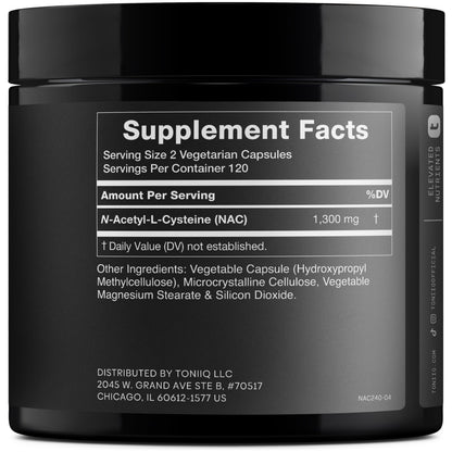 Toniiq 1300mg NAC - 4 Month Supply - Min. 98%+ Tested Purity - Ultra High Strength Bioavailable NAC Cysteine Supplement - 240 Vegetarian N Acetyl Cysteine