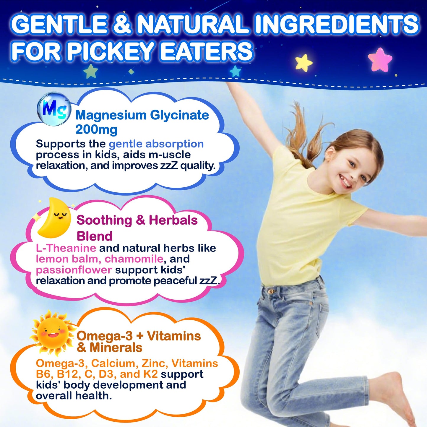 Kids Magnesium Glycinate Gummies - Magnesium Glycinate Supplement 200mg with L-theanine Omega-3 Calcium Vitamin D3 & B12 for Kids Natural Zzz at Bedtime & Overall Health