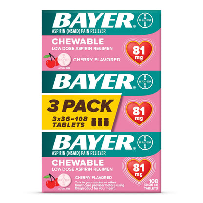 Bayer Aspirin Low Dose 81 mg Chewable Tablets, Pain Reliever, Cherry Flavored, 108 Tablets (36 Pack of 3) BayerBuy Supplements Australia
