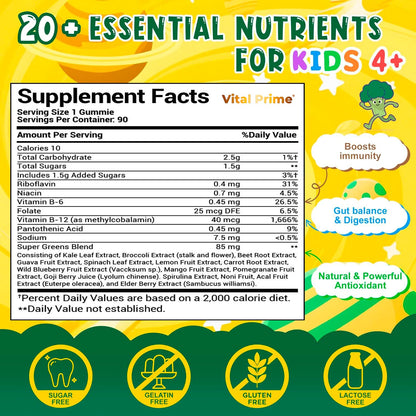 FourRoar Vital Prime Super Green Gummies for Kids 90 Count Strawberry & Watermelon Flavor | Fruit and Vegetable Gummies | Vegan Veggies Gummy Multivitamin for Kids FourRoarBuy Supplements Australia