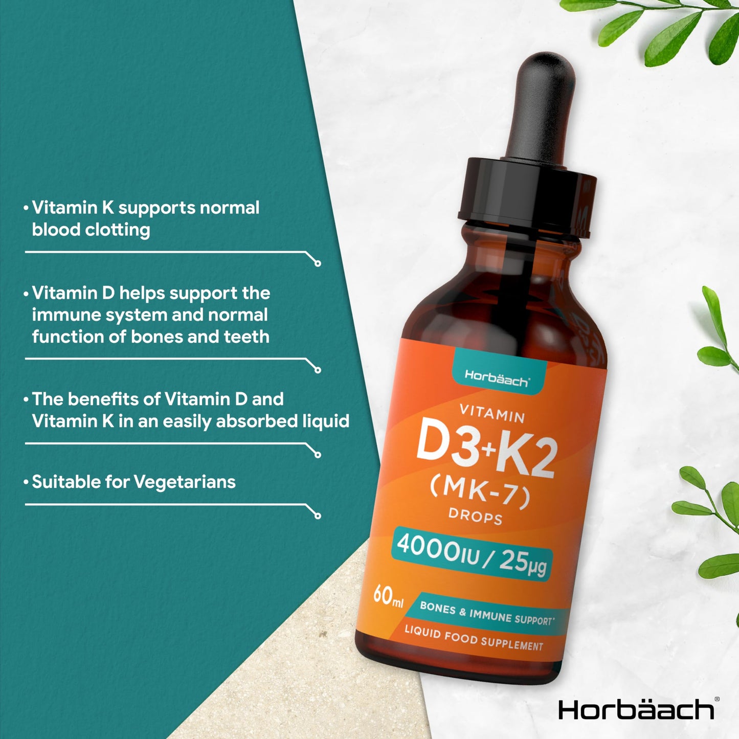 Vitamin D3 K2 Drops | 60mL | High Strength Vitamin D3 4000iu and K2 25ug | No Artificial HorbäachBuy Supplements Australia
