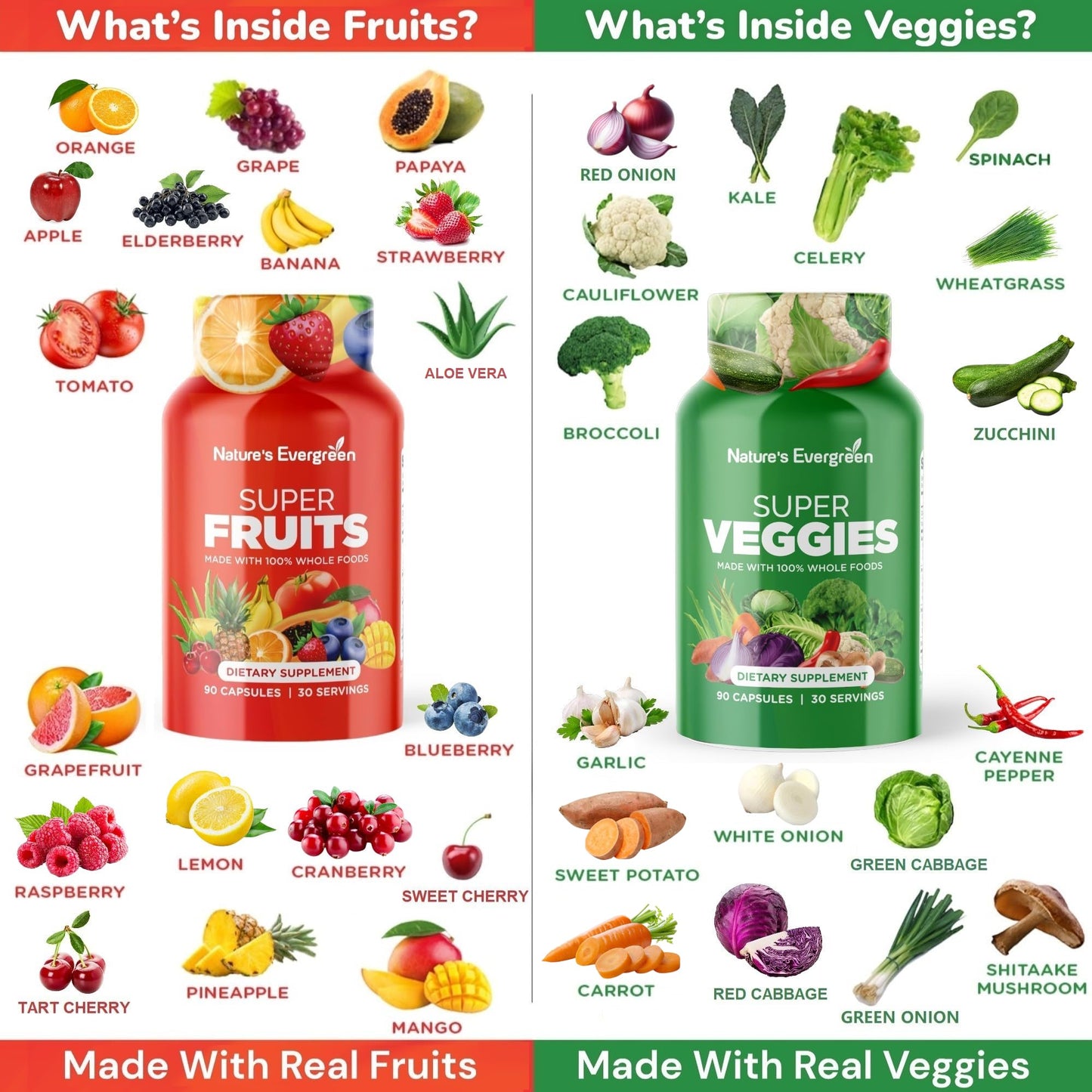 Fruits and Veggies Supplement - Nature Fruits and Vegetables Supplements - Vegan, Non GMO, Soy Free, Superfood Vitamins & Minerals Nutritional Balance - (Total 180 Capsules - Pack of 2) Made in USA Nature's EvergreenBuy Supplements Australia