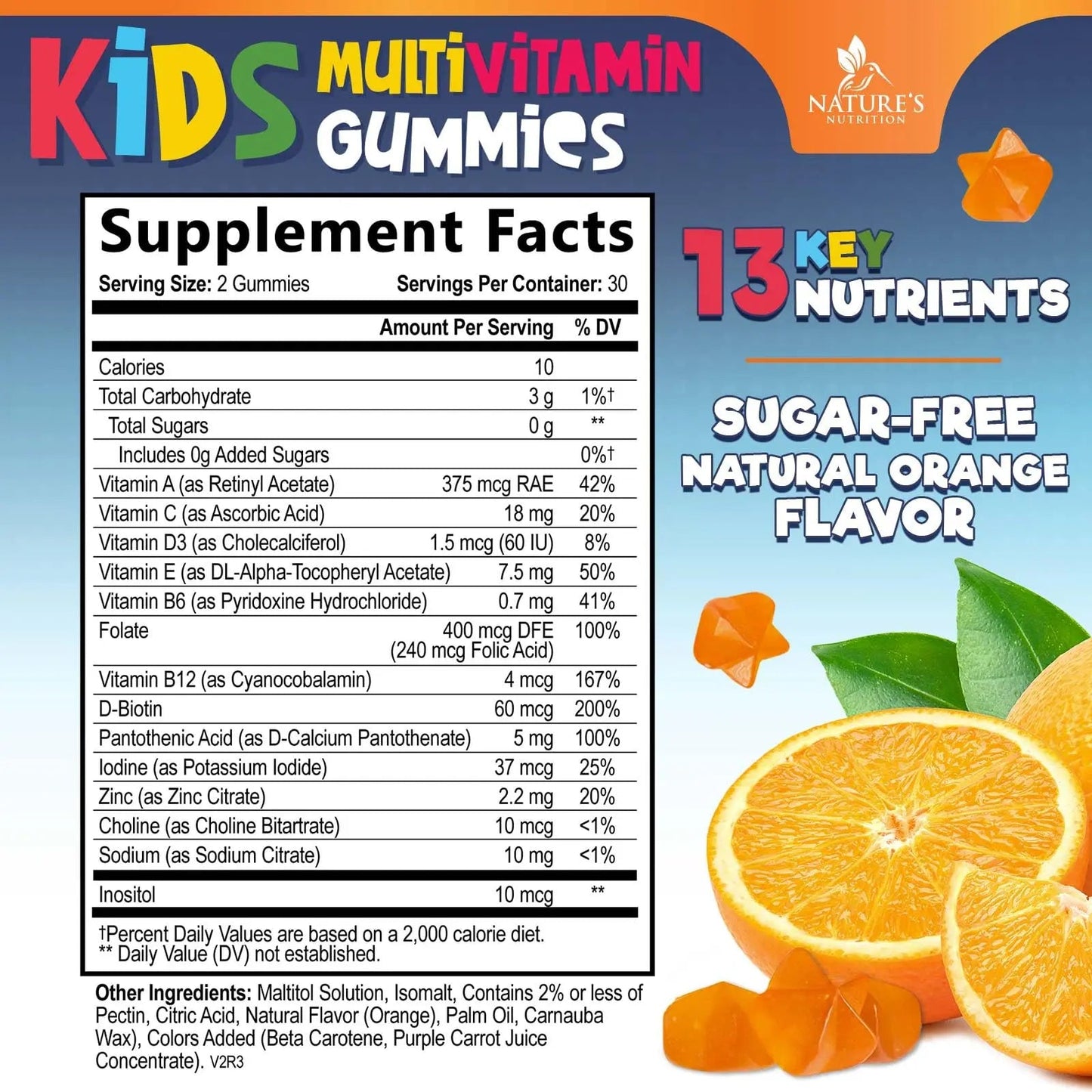 Kids Multivitamin Gummies - Improved Sugar-Free Formula - 100% Daily Folate, Kids Vitamins with Essential Vitamins A, C, D3, E, B6, B12 Nature's Nutrition