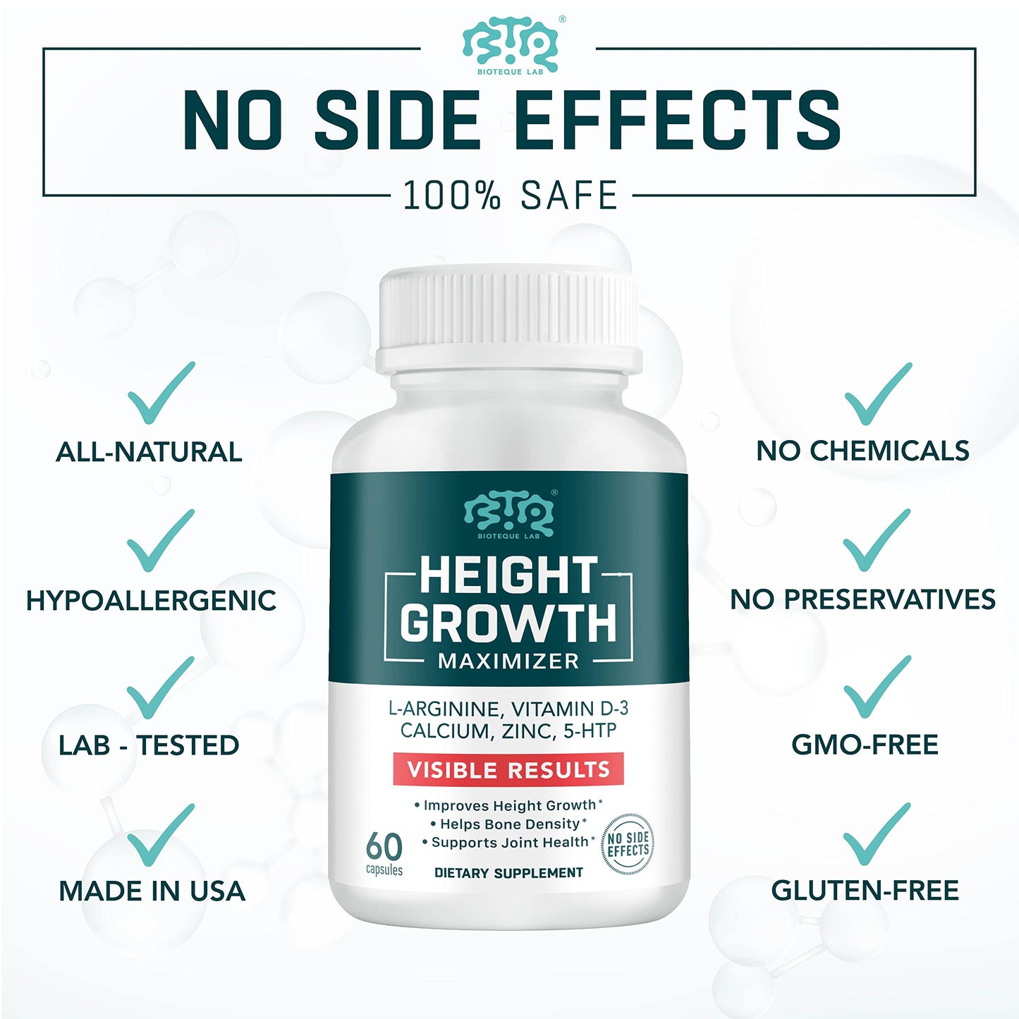 BIOTEQUELAB Height Growth Maximizer, Calcium, Vitamin D3 and Zinc Blend Pills, Bone Growth Supplement for Kids and Teens, Bone Strength, Density Support, GMO-Free, Gluten-Free, Made in USA, 60 Caps BTQ BIOTEQUE LABBuy Supplements Australia
