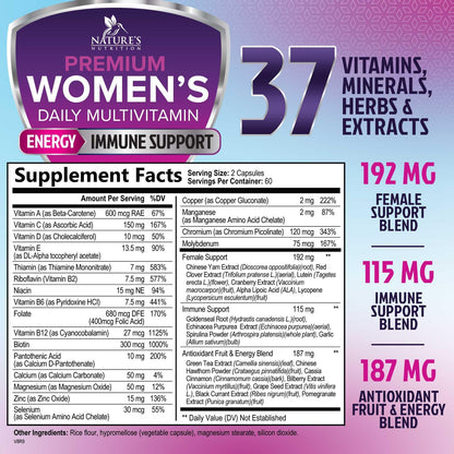 Multivitamin for Women - with Vitamins A, C, D, E, B6, B12, Zinc, Calcium & Magnesium, Womens Daily Multi Vitamin Multimineral Supplement for Bone Health, Energy & Immune Support - 120 Capsules Nature's NutritionBuy Supplements Australia