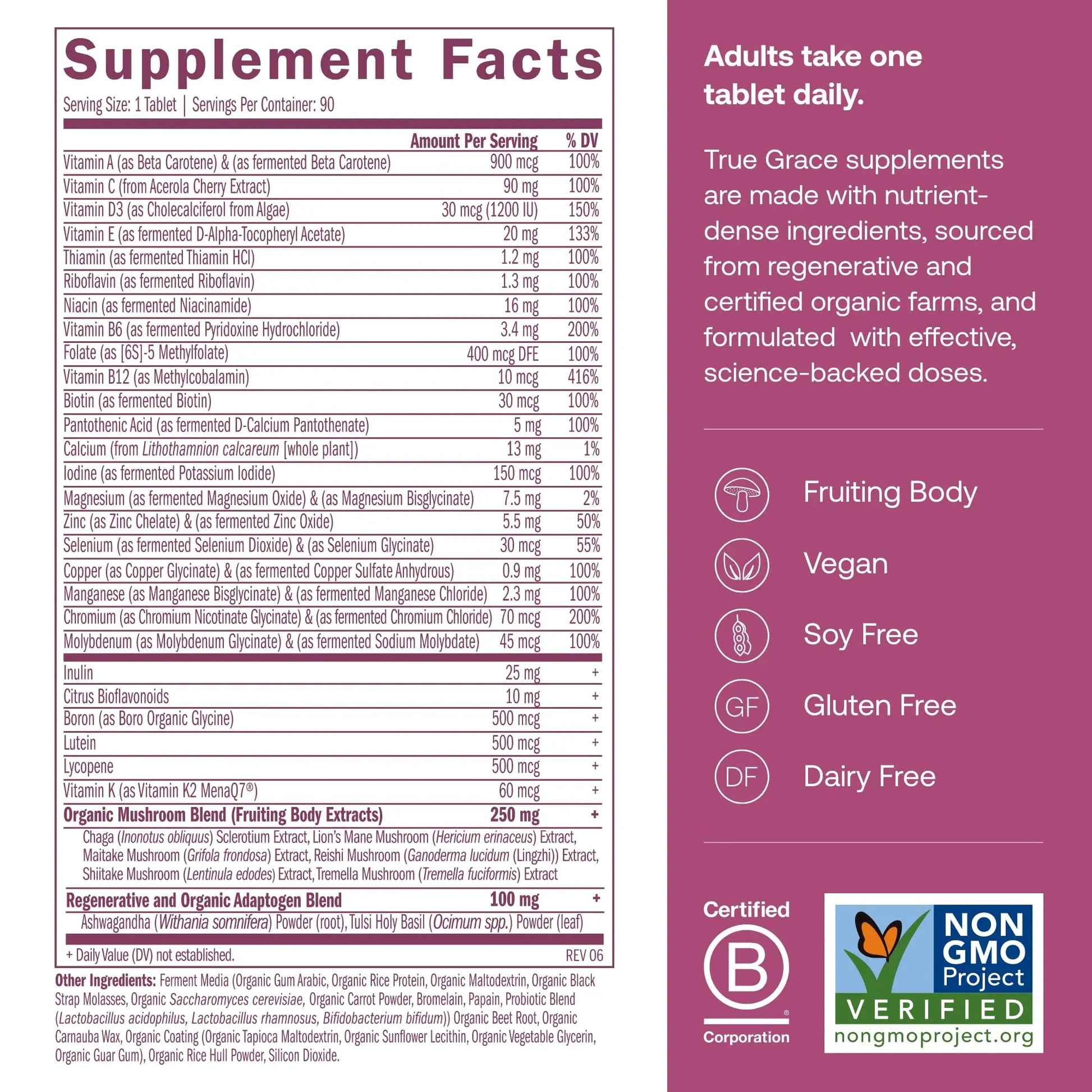 True Grace One Daily Women’s Multivitamin 40+ Fermented Minerals, Organic Adaptogens & Mushrooms Energy, Immune, Bone Support True Grace