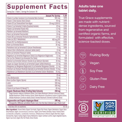 True Grace One Daily Women’s Multivitamin 40+ Fermented Minerals, Organic Adaptogens & Mushrooms Energy, Immune, Bone Support True Grace