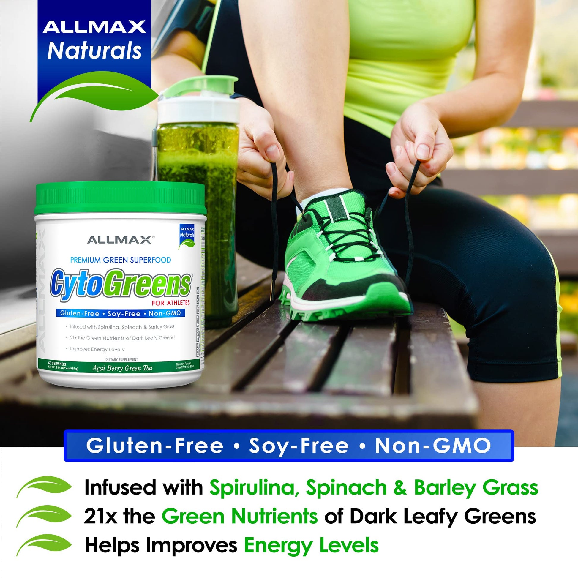 ALLMAX Naturals CytoGreens Super Greens Powder, Premium Green Superfood with Greens, Superfoods, Daily Greens Supplement, Acai Berry Green Tea, 60 Servings ALLMAXBuy Supplements Australia