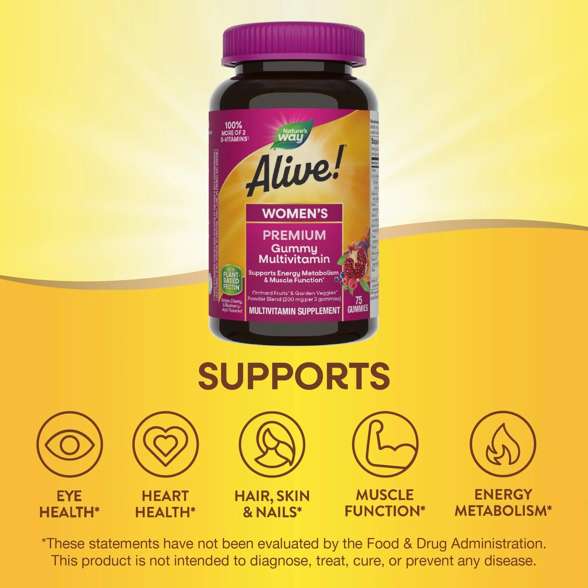 Nature’s Way Alive! Premium Women’s Gummy Multivitamin, Supports Energy Metabolism, Muscle Function*, B-Vitamins, Grape, Cherry, & Blueberry-Acai Flavored, 75 Gummies Nature's WayBuy Supplements Australia