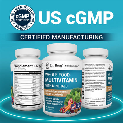 Dr. Berg Whole Food Multivitamin with Minerals - Daily Multivitamin for Men and Women - Includes Premium Whole Food Fruits and Vegetable Blend with Folate