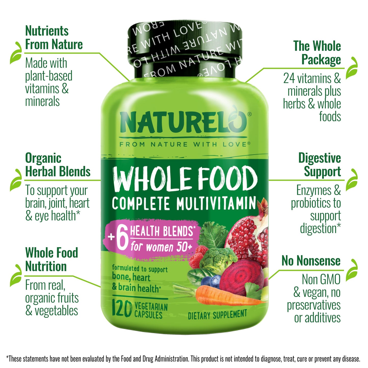 NATURELO Whole Food Multivitamin for Women 50+ (Iron Free) with Vitamins, Minerals, & Organic Extracts - Supplement for Post Menopausal Women Over 50