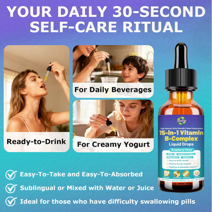 Advanced Vitamin B Complex Liquid Drops for Women Men & Kids, 15-in-1 VIT B Complex with Vitamin C B12 B6 B1 Niacin Folate for Brain Nerve Neuropathy Energy Mood Health, Sublingual B-Complex Drops JUIWEFKKBuy Supplements Australia