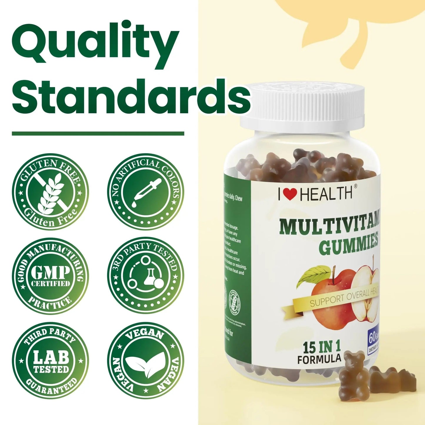 I LOVE HEALTH® 15-in-1 Multivitamin Gummies for Adults & Kids - Enhanced Formula with Vitamin A, C, D3, E, B12, Zinc, Magnesium & More I LOVE HEALTH