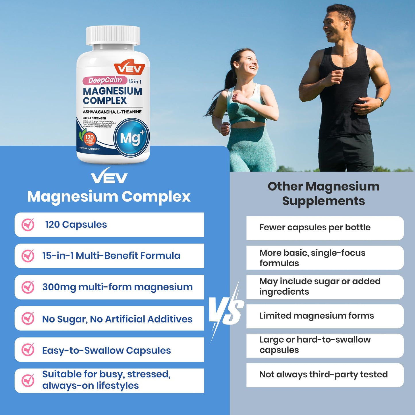 VEV DeepCalm Magnesium Complex for Women – 15-in-1 Glycinate & Citrate Capsules with Ashwagandha & L-Theanine – 120 Vegan Capsules