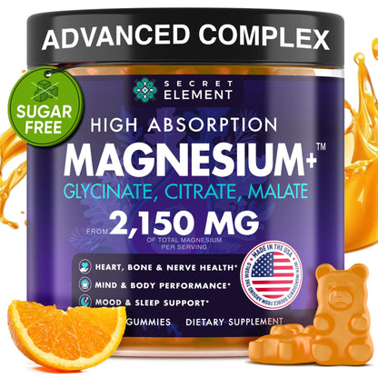 Magnesium Glycinate 2150MG Gummies for Women and Men, High Absorption Magnesium Glycinate, Citrate, Malate Gummies for Adults & Kids, Sleep Support, Sugar Free, Vegan, 60 Chews, Orange Secret ElementBuy Supplements Australia