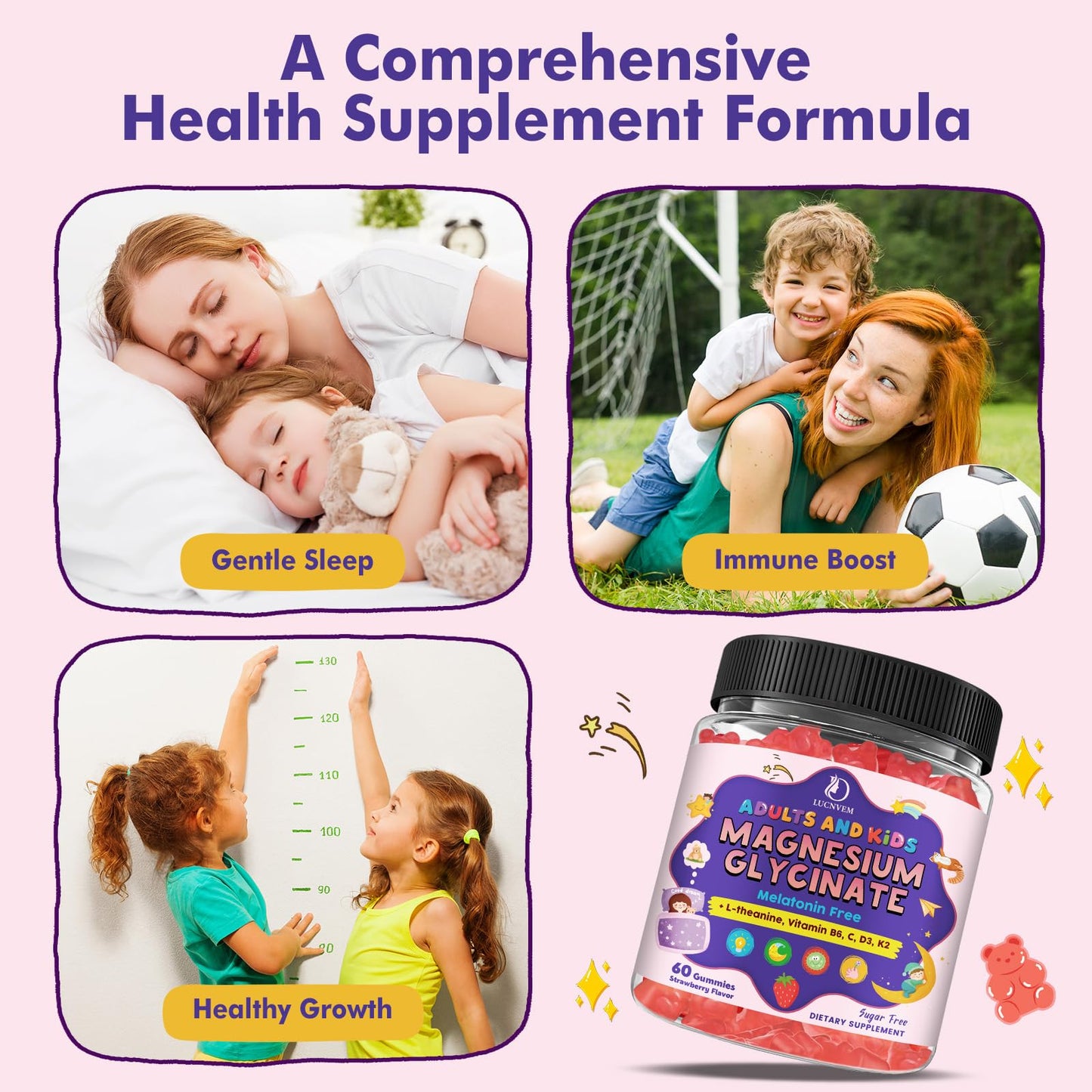 Magnesium Glycinate Gummies for Kids 4+ & Adults- Magnesium Glycinate 150/300 mg for Natural Sleep, Relaxation & Calm Support, Melatonin Free, Sugar Free Strawberry Flavor, 60 Ct LUCNVEMBuy Supplements Australia