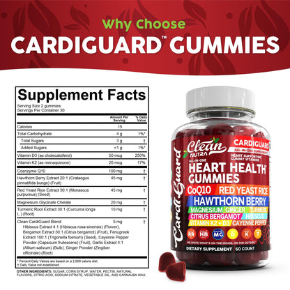 Clean Nutraceuticals Coq10 Gummies | Red Yeast Rice Hawthorn Berry Ginger Turmeric Citrus Bergamot Hibiscus Vitamin K2+D3 Magnesium Glycinate Cayenne Pepper Fenugreek Orange Flavor CardiGuard Clean NutraceuticalsBuy Supplements Australia
