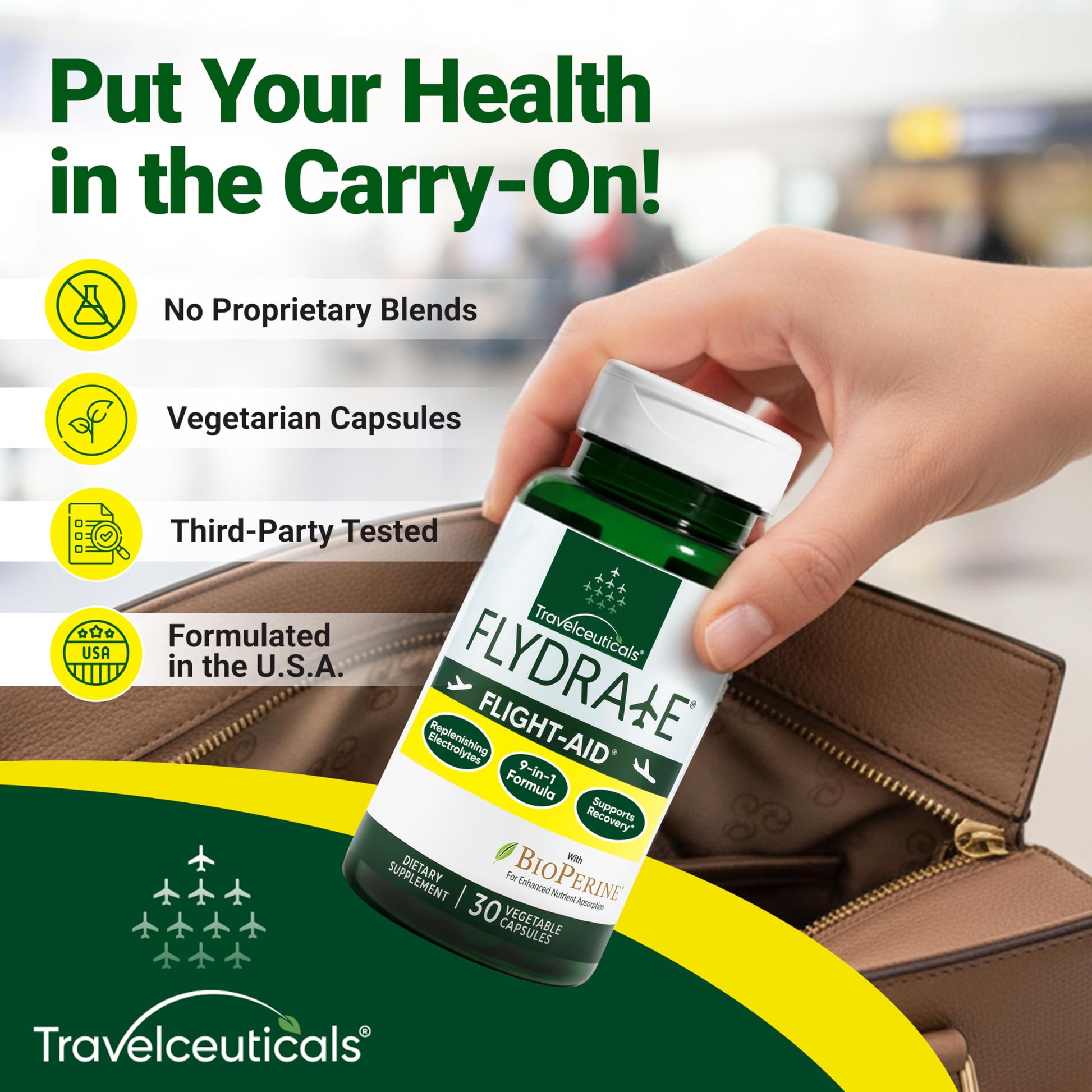 Flight-Aid | Replenishing Electrolyte Hydration Capsules Made for Travel, Jet Lag, Fatigue & Recovery | 9-in-1 Formula with Essential Electrolytes, Vitamins, Minerals & Bioperine® | 30 Capsules FlydrateBuy Supplements Australia