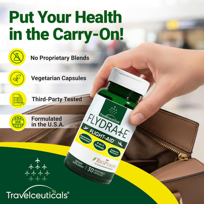 Flight-Aid | Replenishing Electrolyte Hydration Capsules Made for Travel, Jet Lag, Fatigue & Recovery | 9-in-1 Formula with Essential Electrolytes, Vitamins, Minerals & Bioperine® | 30 Capsules FlydrateBuy Supplements Australia