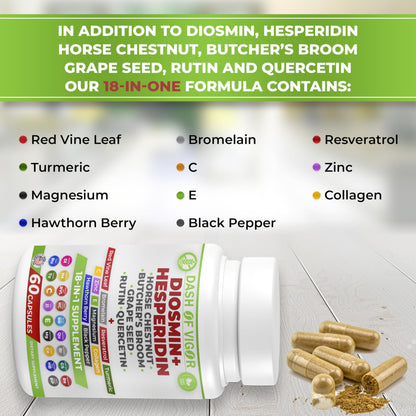 Dash of Vigor 18-in-1 Diosmin Hesperidin Supplement, Quercetin with Bromelain, Zinc, Vitamin C with Rutin Supplement, Horse Chestnut Extract, Butcher's Broom Extract, USA, 60 Capsules DASH OF VIGOR DOFVBuy Supplements Australia