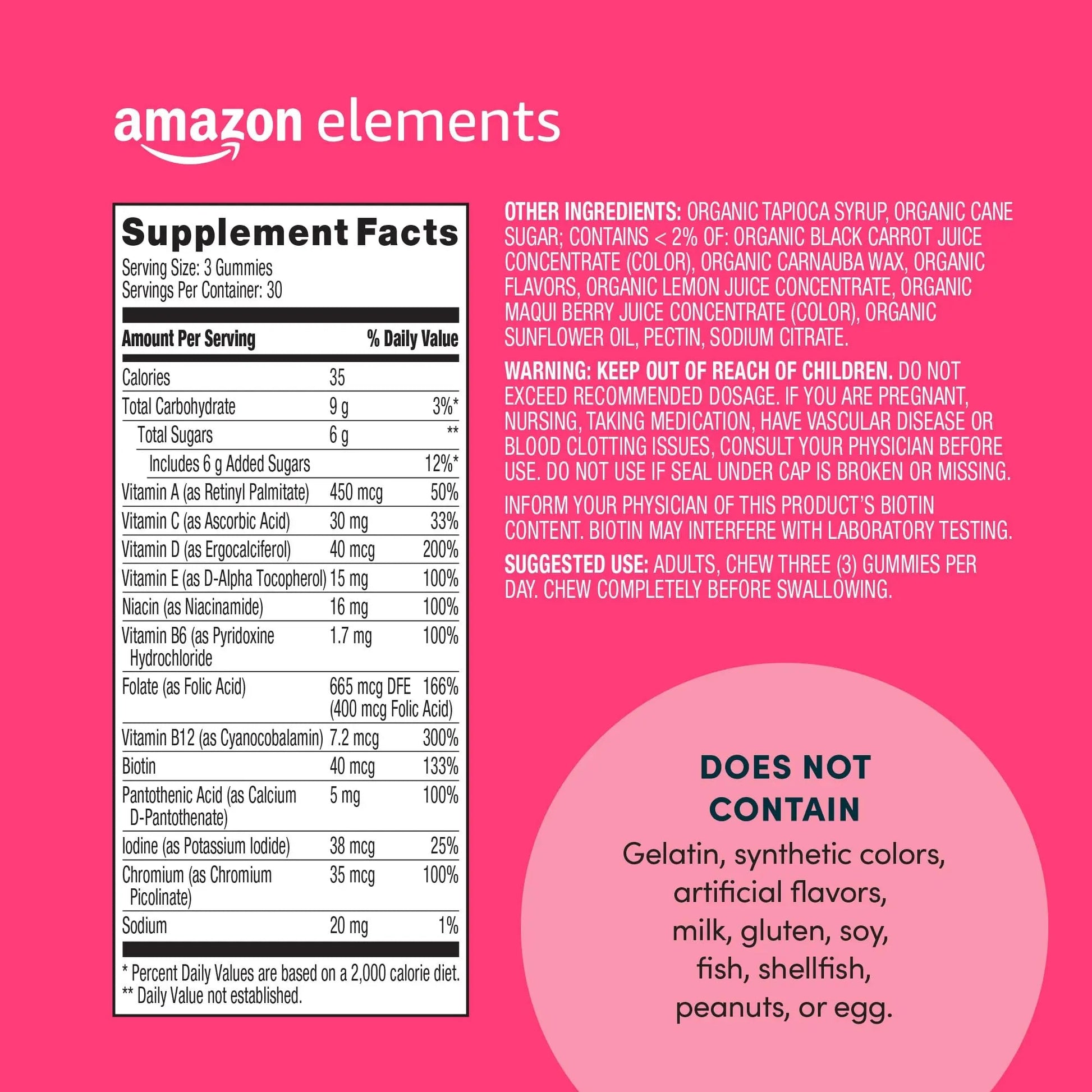 Amazon Elements - Adult Women’s Organic Multivitamins, 90 Gummies (30 servings), Vegetarian Amazon ElementsBuy Supplements Australia