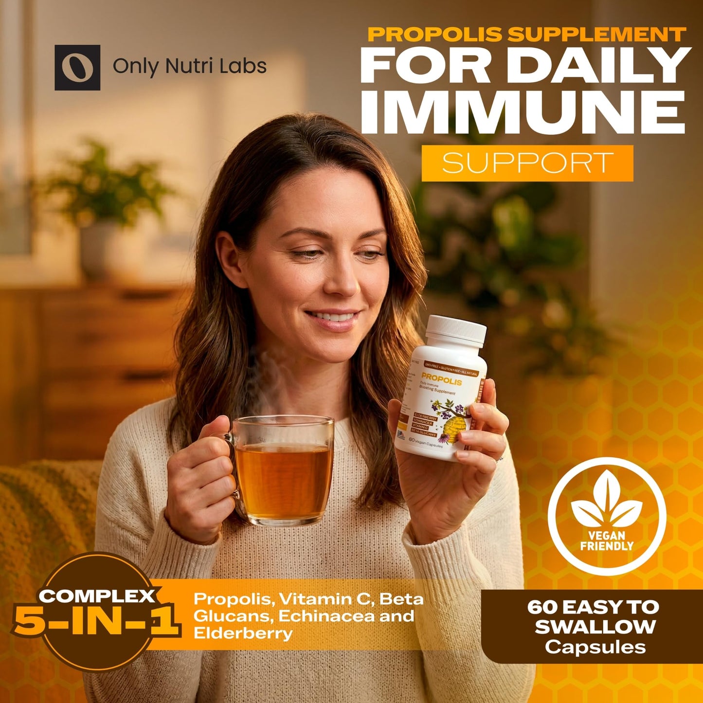 Only Nutri Labs Bee Propolis Dietary Supplement, with Elderberry, Echinacea, Vitamin C and Beta Glucans - Daily Wellness Capsules for Adults (60 Count) Only Nutri LabsBuy Supplements Australia