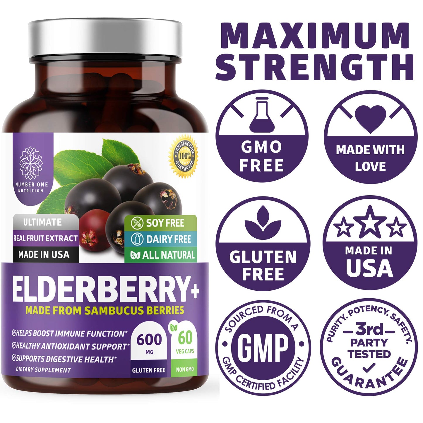 N1N Premium Black Elderberry Capsules for Adults [Max Strength] Pure and Potent Elderberry from Sambucus Nigra to Support Immunity & Skin Health, Non-GMO, Gluten Free, 60 Veg Caps Number One NutritionBuy Supplements Australia