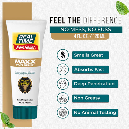 Real Time Pain Relief MAXX 4oz Tube | 18 Natural Ingredients: Arnica, Menthol & Peppermint | Maximum Strength Muscle Pain Relief Lotion for Arthritis, Hands, Ankles, Back, Shoulders, Knees & Joints Real Time Pain ReliefBuy Supplements Australia