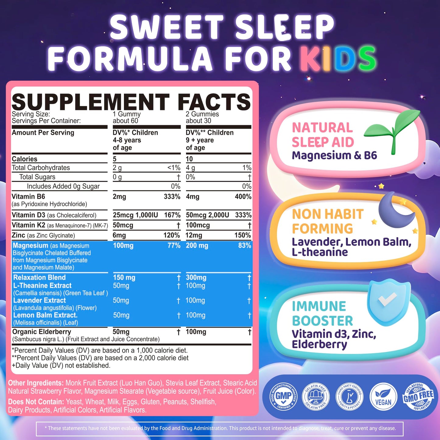 Kids Sleep Gummies, NO Melatonin Sleep Aid Gummies w/ Magnesium Glycinate, Magnesium Malate, L-Theanine, Lavender, B6, Zinc, D3K2 for Restful Sleep, Relax Brain & Muscle, Immune Support, Non-GMO 1Pack ELLAMENTZBuy Supplements Australia